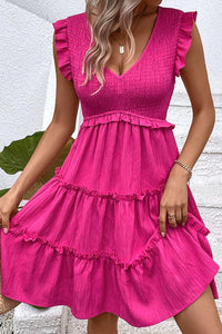 Womens Dress-Smocked Frill Trim Deep V Dress