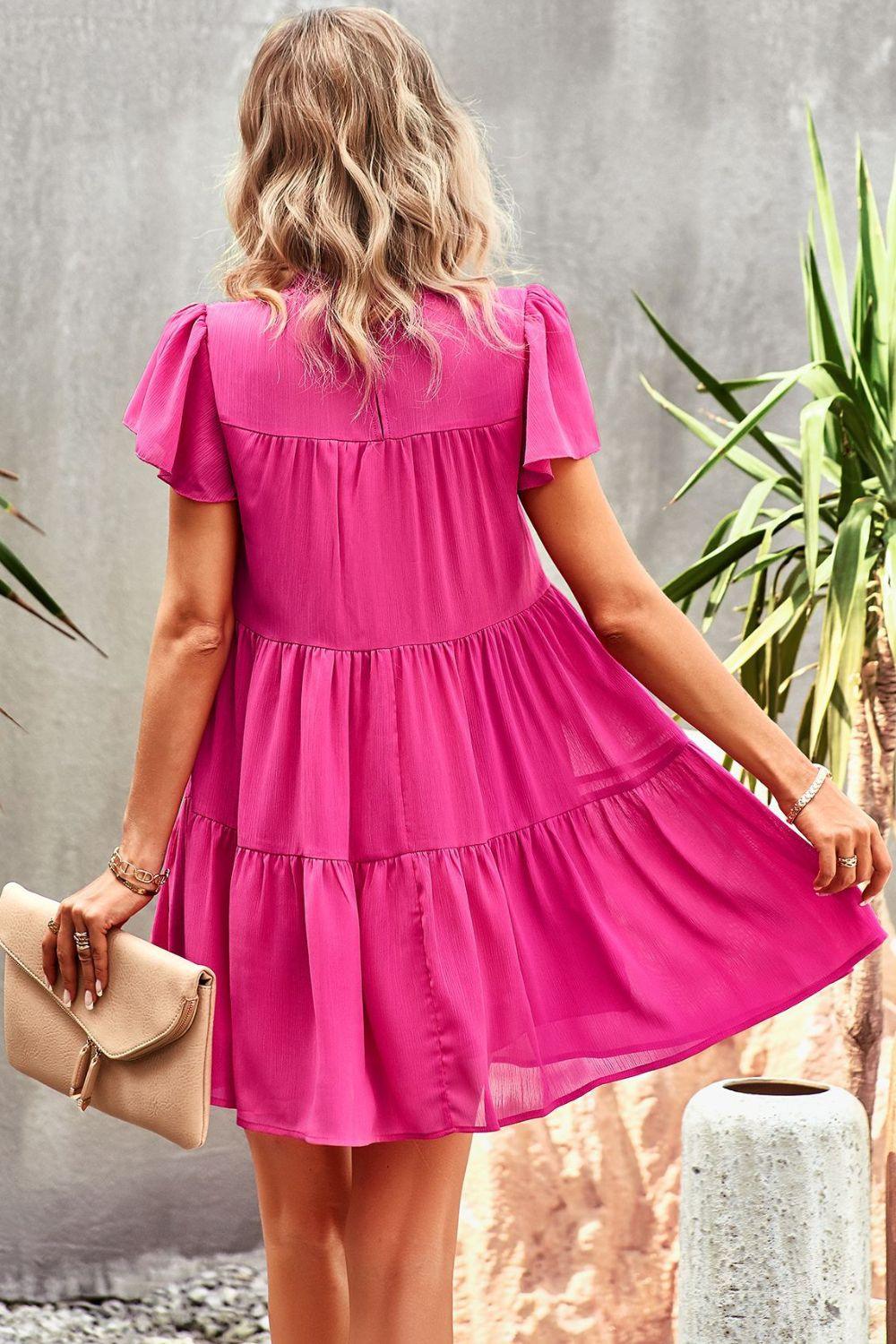 Womens Mini Dress-Smocked Puff Sleeve Tiered Mini Dress | Dress