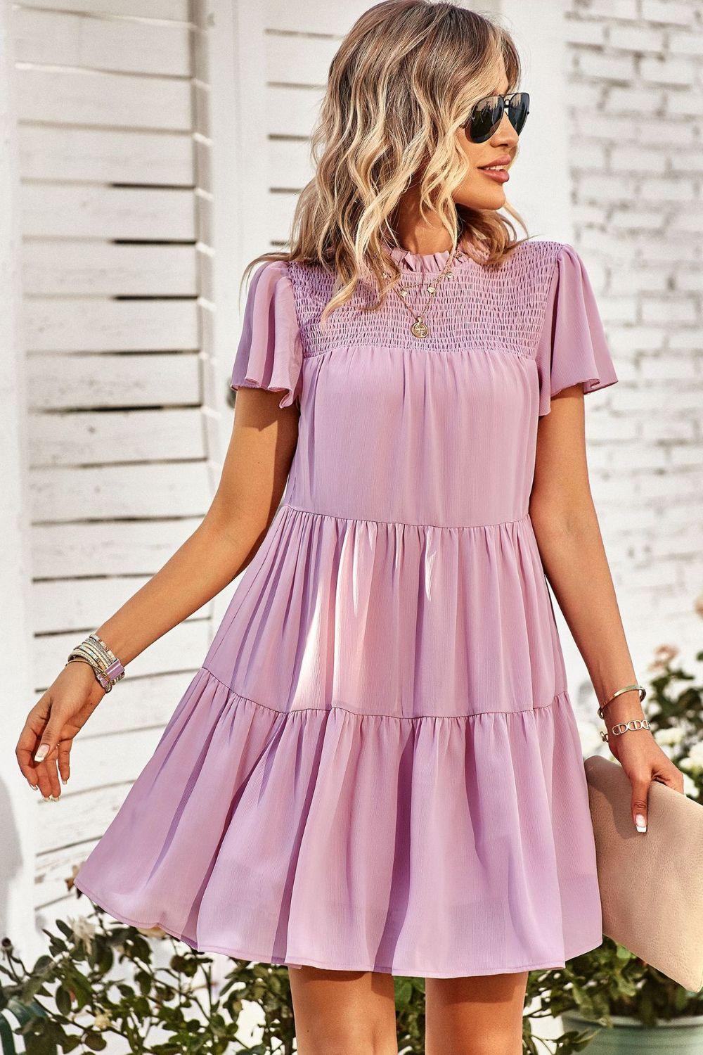 Womens Mini Dress-Smocked Puff Sleeve Tiered Mini Dress | Dress