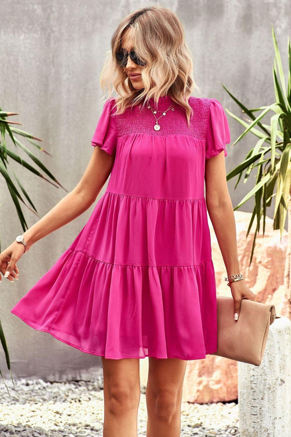 Womens Mini Dress-Smocked Puff Sleeve Tiered Mini Dress | Dress