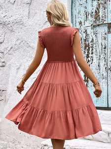 Womens Dress-Smocked Round Neck Tiered Dress