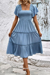 Womens Dress-Smocked Square Neck Frill Trim Dress | Dress