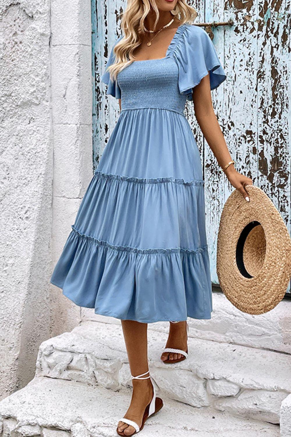 Womens Dress-Smocked Square Neck Frill Trim Dress | Dress