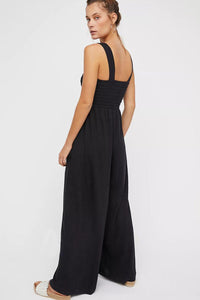 Womens Jumpsuit-Smocked Square Neck Wide Leg Jumpsuit with Pockets | Dress