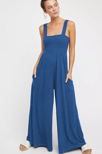 Womens Jumpsuit-Smocked Square Neck Wide Leg Jumpsuit with Pockets | Dress