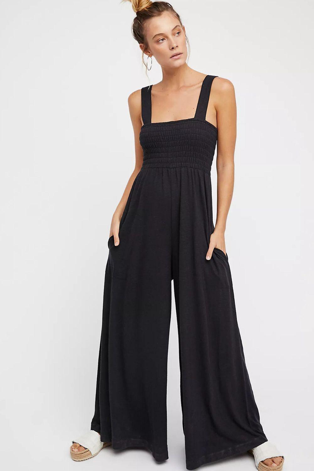 Womens Jumpsuit-Smocked Square Neck Wide Leg Jumpsuit with Pockets | Dress