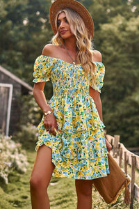 Womens Mini Dress-Smocked Sweetheart Neck Flounce Sleeve Mini Dress | Dress