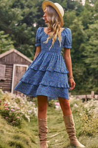 Womens Mini Dress-Smocked Sweetheart Neck Flounce Sleeve Mini Dress | Dress