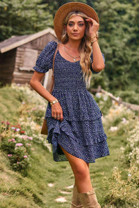 Womens Mini Dress-Smocked Sweetheart Neck Flounce Sleeve Mini Dress | Dress