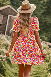 Womens Mini Dress-Smocked Sweetheart Neck Flounce Sleeve Mini Dress | Dress