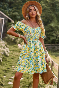 Womens Mini Dress-Smocked Sweetheart Neck Flounce Sleeve Mini Dress | Dress