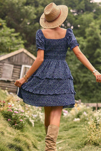 Womens Mini Dress-Smocked Sweetheart Neck Flounce Sleeve Mini Dress | Dress