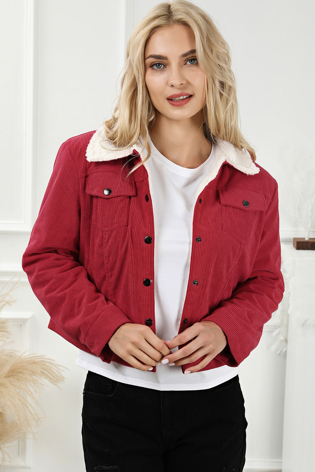 Womens Jacket-Snap Down Casual Collared Jacket