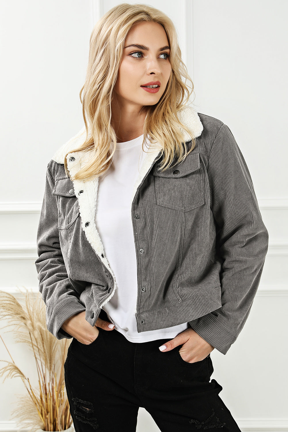 Womens Jacket-Snap Down Casual Collared Jacket