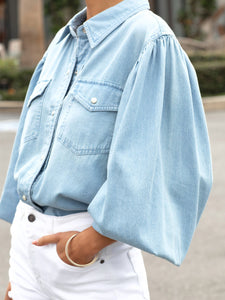 Womens Denim Jacket-Snap Down Puff Sleeve Denim Jacket | Outerwear/Denim jackets