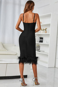 Womens Bodycon Dress-Spaghetti Strap Feather Trim Bodycon Dress | Dresses