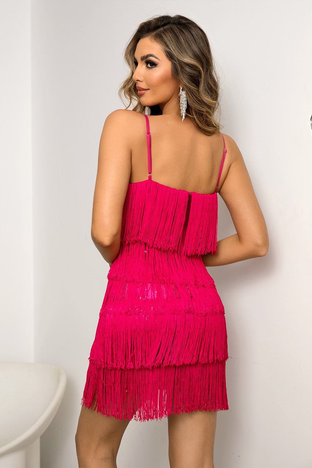 Womens Mini Dress-Spaghetti Strap Fringe Mini Dress