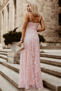 Womens Maxi Dress-Spaghetti Strap Split Lace Maxi Dress | Dress