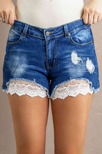 Blue Jean Shorts-Spliced Lace Distressed Denim Shorts | blue jean shorts