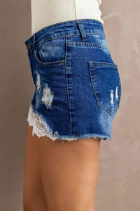 Blue Jean Shorts-Spliced Lace Distressed Denim Shorts | blue jean shorts