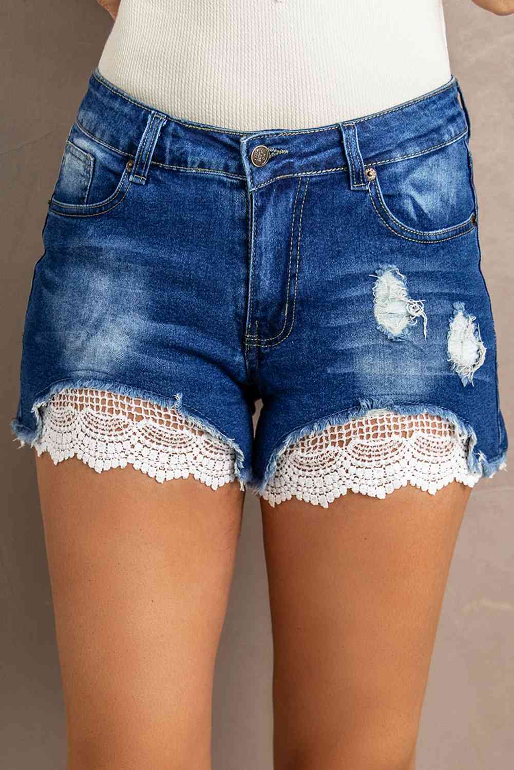 Blue Jean Shorts-Spliced Lace Distressed Denim Shorts | blue jean shorts