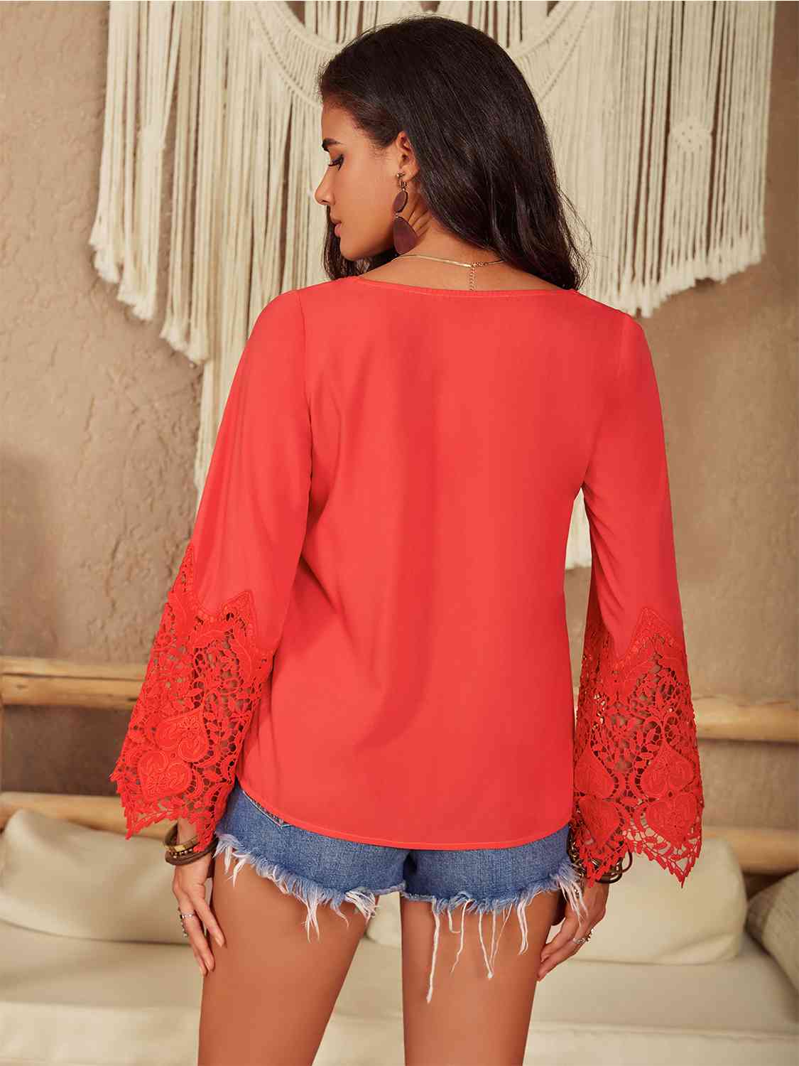 Womens Blouse-Square Neck Lace Detail Long Sleeve Blouse | Tops/Blouses & Shirts