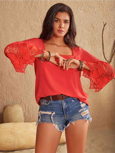 Womens Blouse-Square Neck Lace Detail Long Sleeve Blouse | Tops/Blouses & Shirts