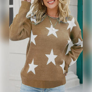 Womens Sweater-Green Star Pattern Round Neck Sweater