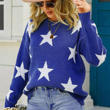 Load image into Gallery viewer, Womens Sweater-Green Star Pattern Round Neck Sweater
