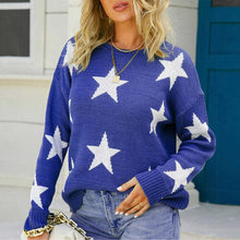 Load image into Gallery viewer, Womens Sweater-Green Star Pattern Round Neck Sweater
