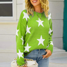 Load image into Gallery viewer, Womens Sweater-Green Star Pattern Round Neck Sweater
