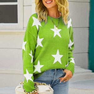 Womens Sweater-Green Star Pattern Round Neck Sweater