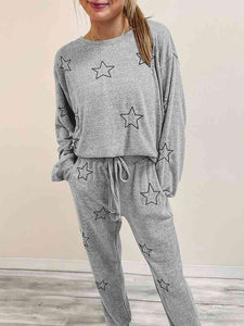 Womens Pants Set-Star Print Long Sleeve Top and Pants Lounge Set