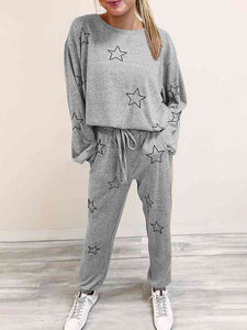 Womens Pants Set-Star Print Long Sleeve Top and Pants Lounge Set