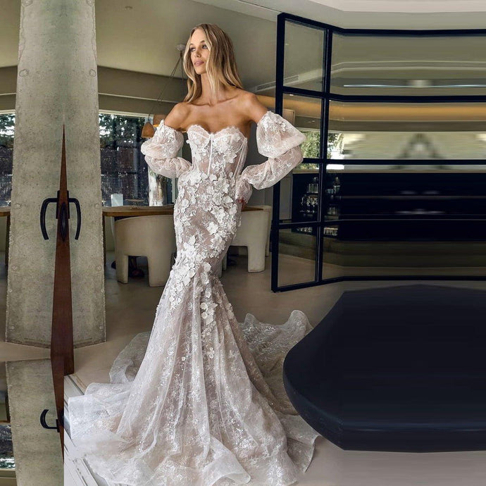 Strapless 3D Flower Beach Mermaid Wedding Dress | Puff Sleeves Broke Girl Philanthropy