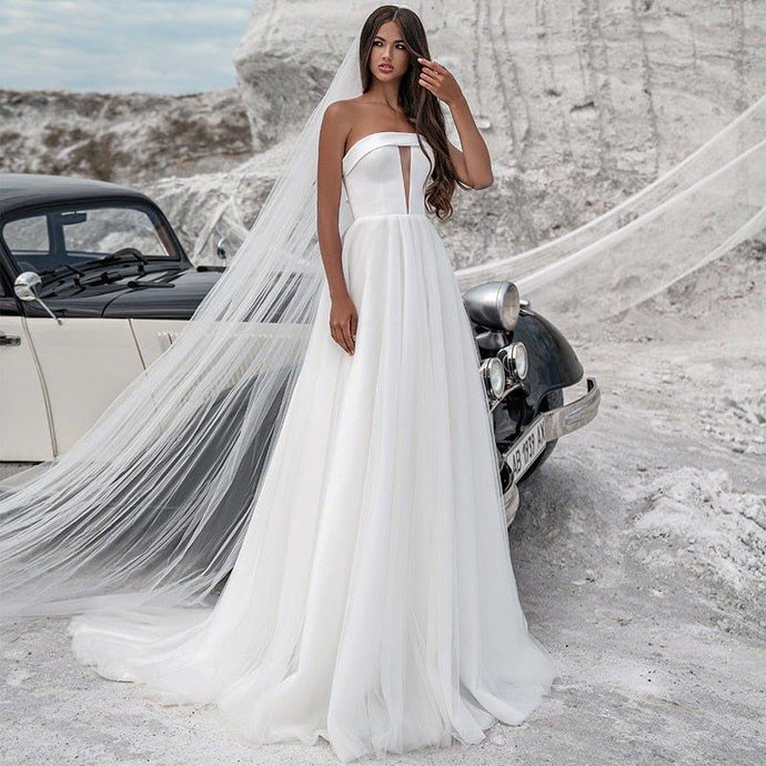 A Line Beach Wedding Dress-Strapless Satin Beach Wedding Dress | Wedding Dresses