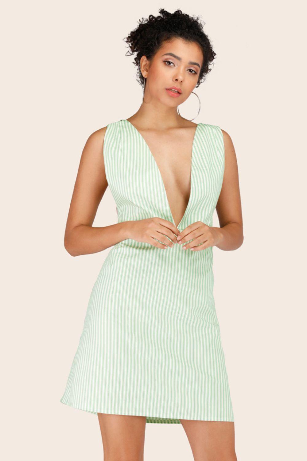 Womens Dress-Striped Crisscross Deep V Sleeveless Dress | Dress