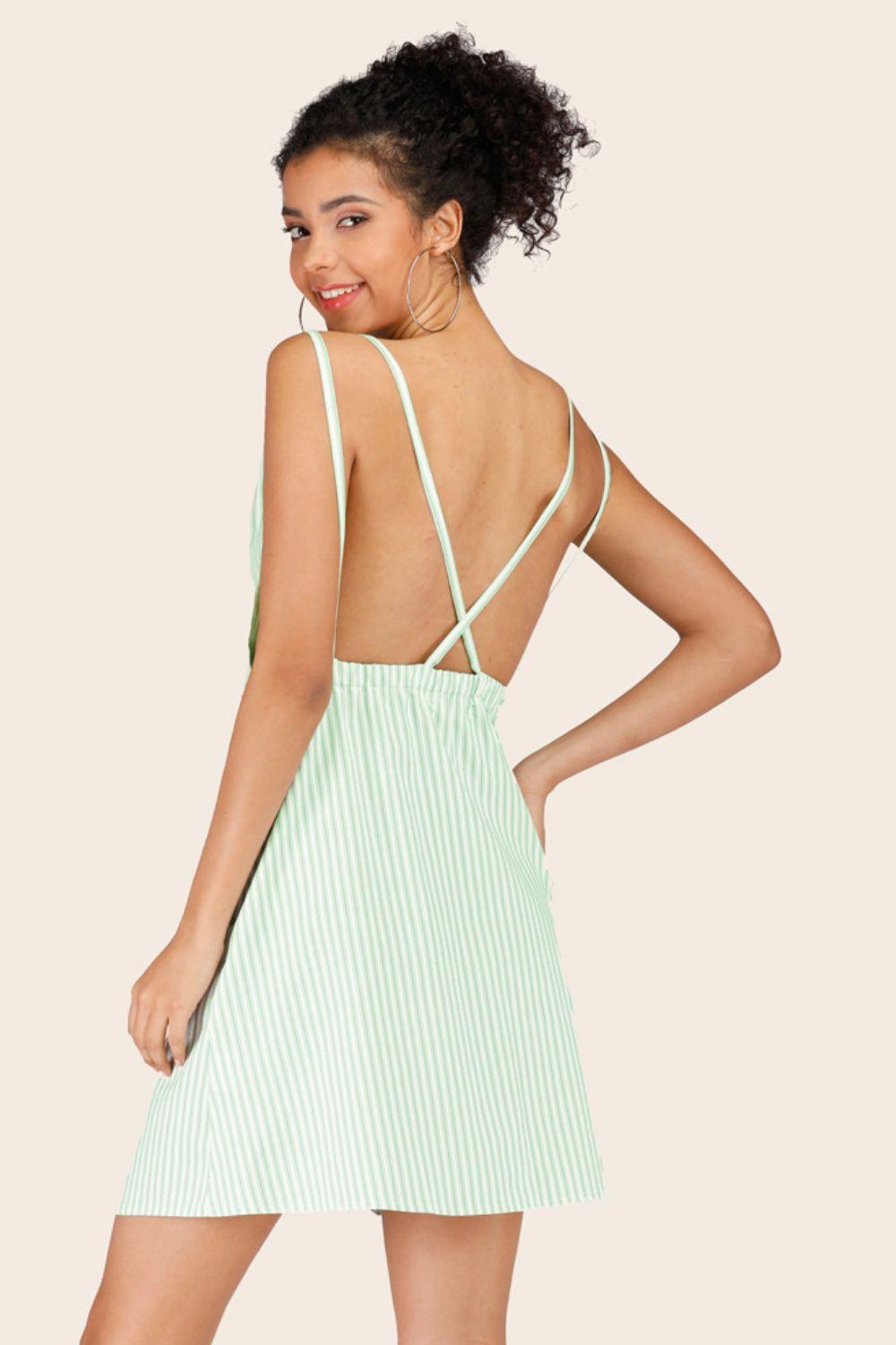 Womens Dress-Striped Crisscross Deep V Sleeveless Dress | Dress