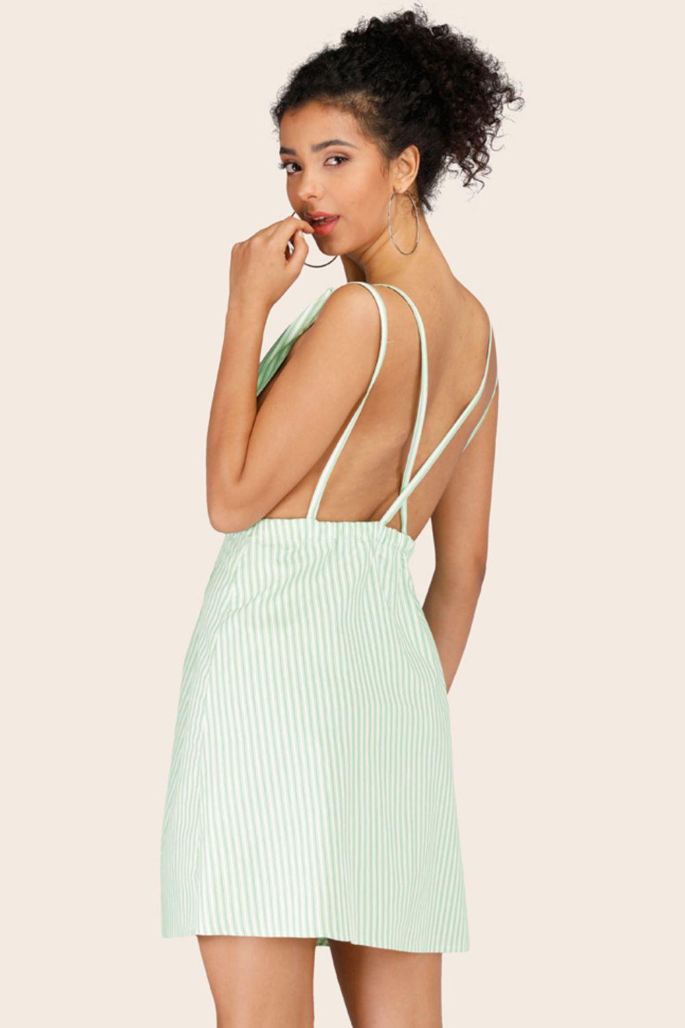 Womens Dress-Striped Crisscross Deep V Sleeveless Dress | Dress