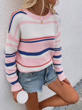 Load image into Gallery viewer, Womens Sweater-Striped Drop Shoulder Round Neck Pullover Sweater
