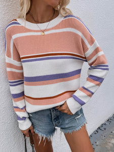 Womens Sweater-Striped Drop Shoulder Round Neck Pullover Sweater