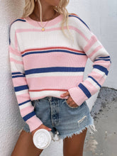 Load image into Gallery viewer, Womens Sweater-Striped Drop Shoulder Round Neck Pullover Sweater
