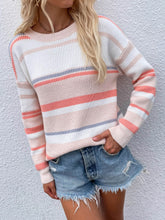 Load image into Gallery viewer, Womens Sweater-Striped Drop Shoulder Round Neck Pullover Sweater
