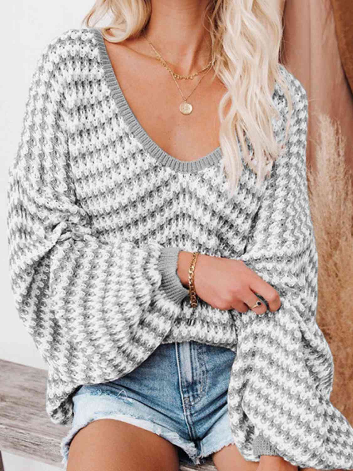 Womens Sweater-Striped Drop Shoulder V-Neck Sweater | sweater