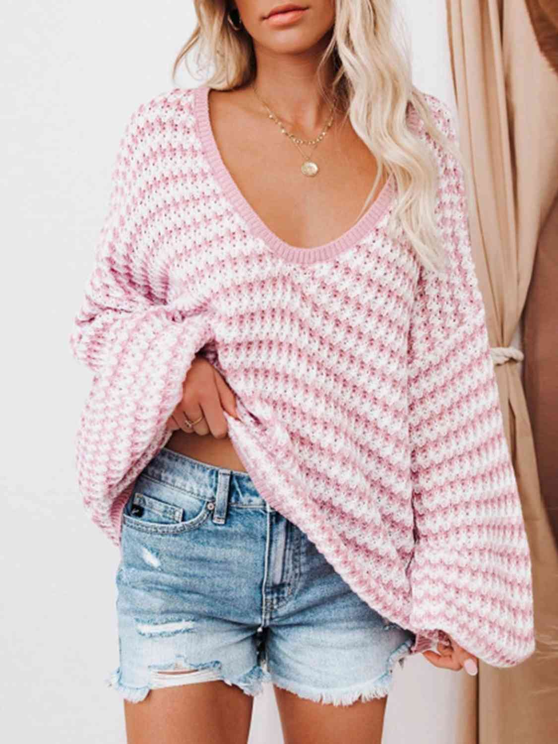 Womens Sweater-Striped Drop Shoulder V-Neck Sweater | sweater