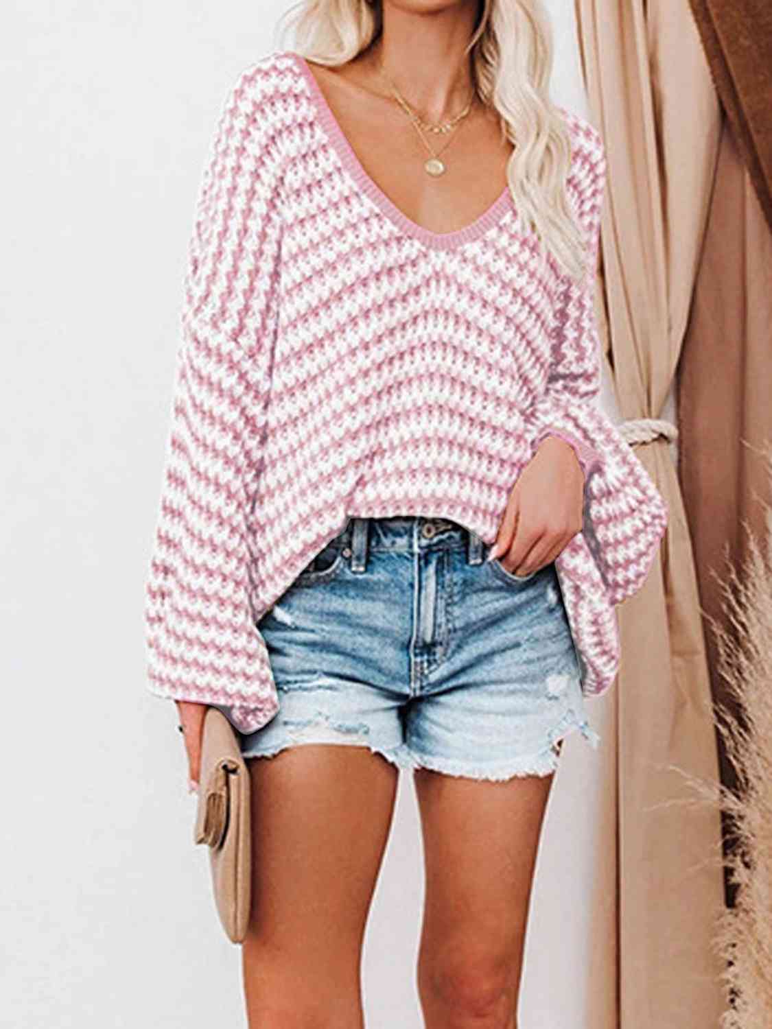 Womens Sweater-Striped Drop Shoulder V-Neck Sweater | sweater