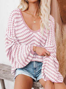 Womens Sweater-Striped Drop Shoulder V-Neck Sweater | sweater