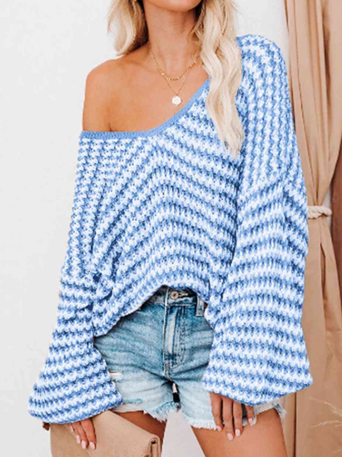 Womens Sweater-Striped Drop Shoulder V-Neck Sweater | sweater