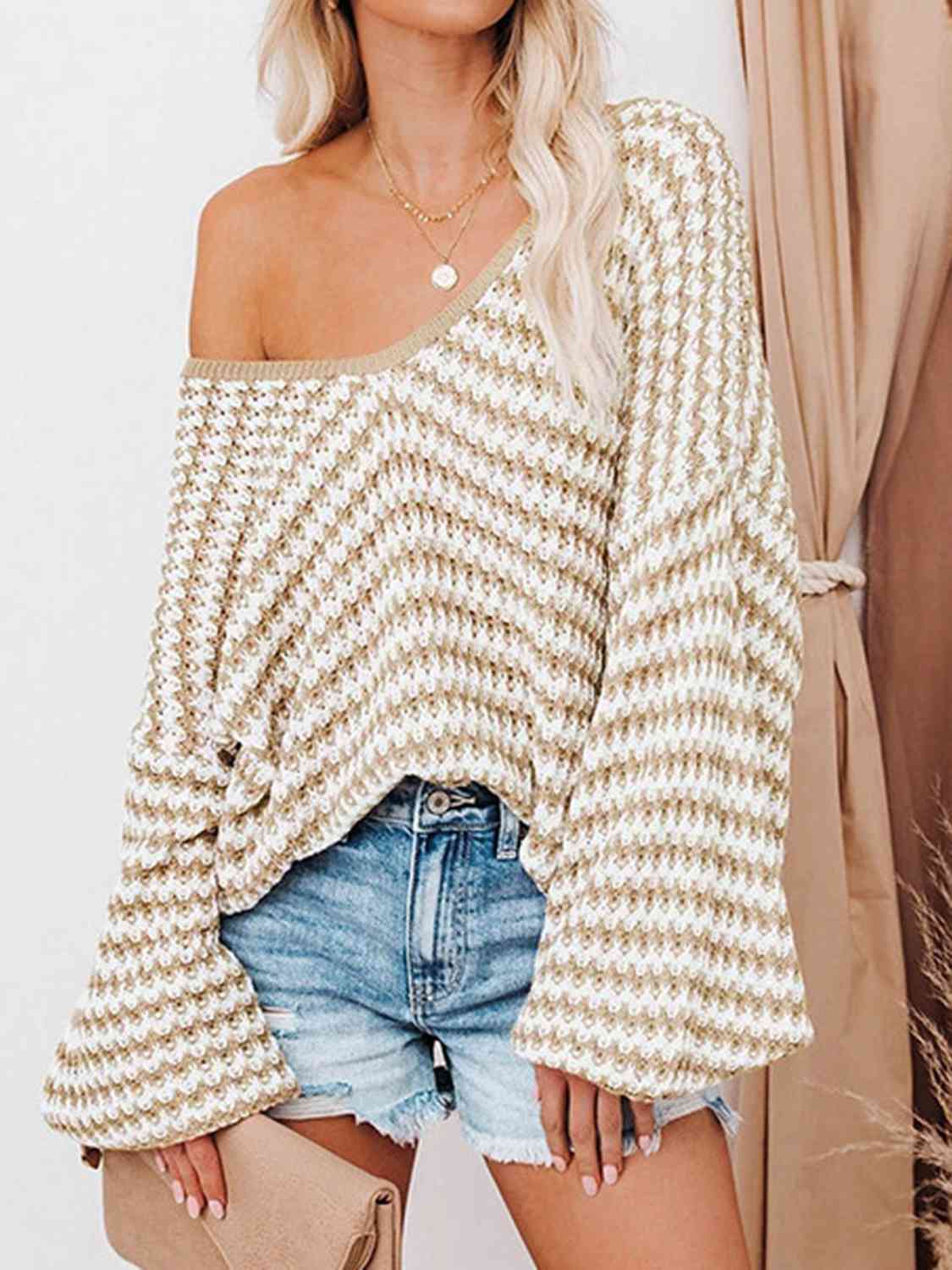 Womens Sweater-Striped Drop Shoulder V-Neck Sweater | sweater