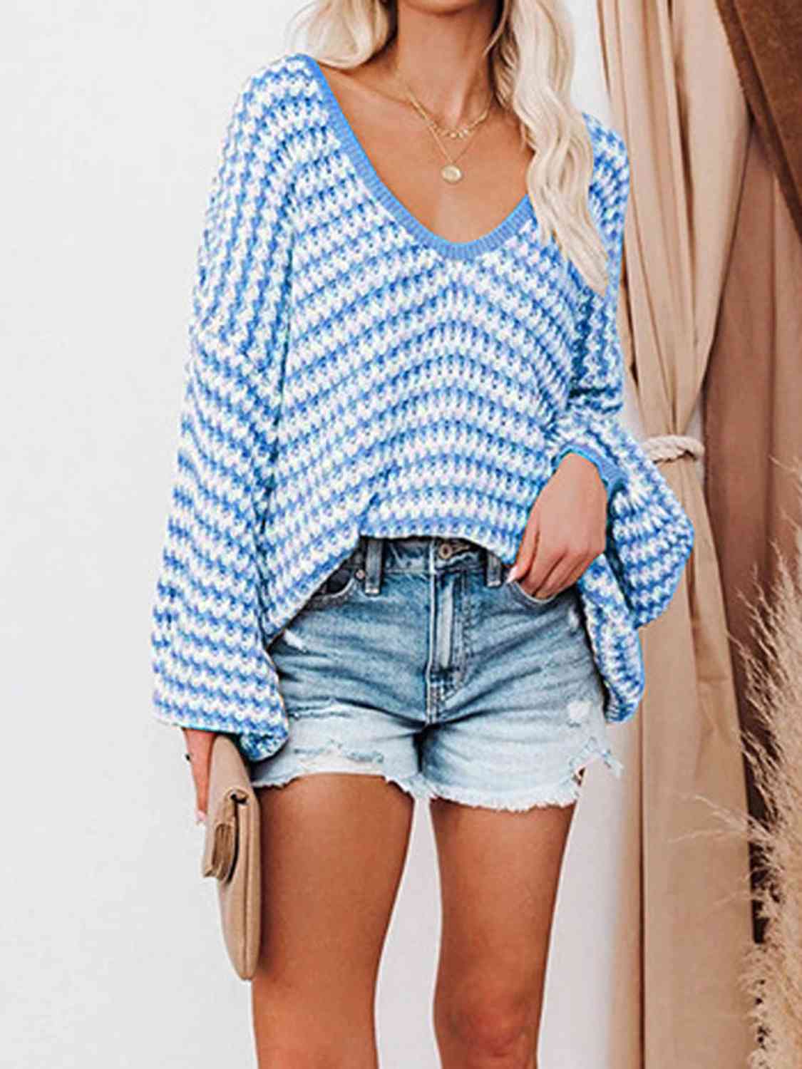 Womens Sweater-Striped Drop Shoulder V-Neck Sweater | sweater